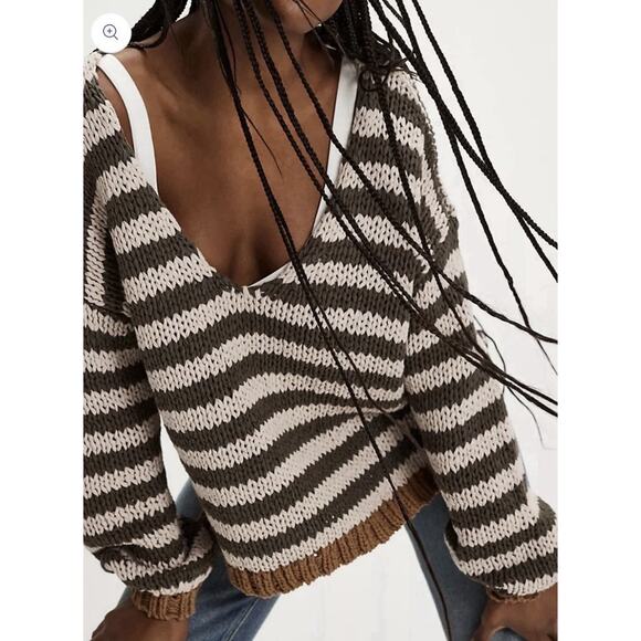 Free People Portland Striped V-Neck handknit chunky Sweater Brown 2375 - Picture 2 of 9
